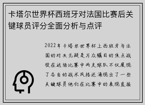 卡塔尔世界杯西班牙对法国比赛后关键球员评分全面分析与点评